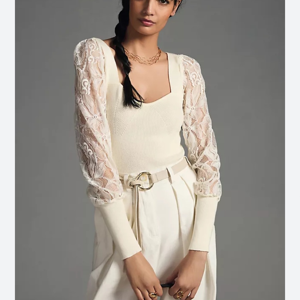 NWT Anthropologie Lace Sleeve Sweater‎ Ivory Size XL